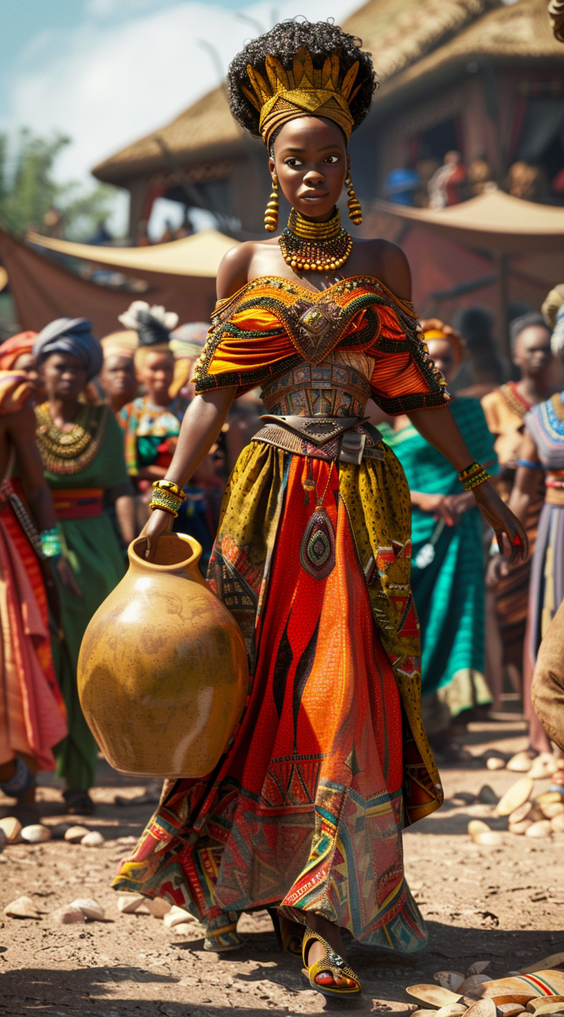 Enormous African princess with crown holding giant clay pot.