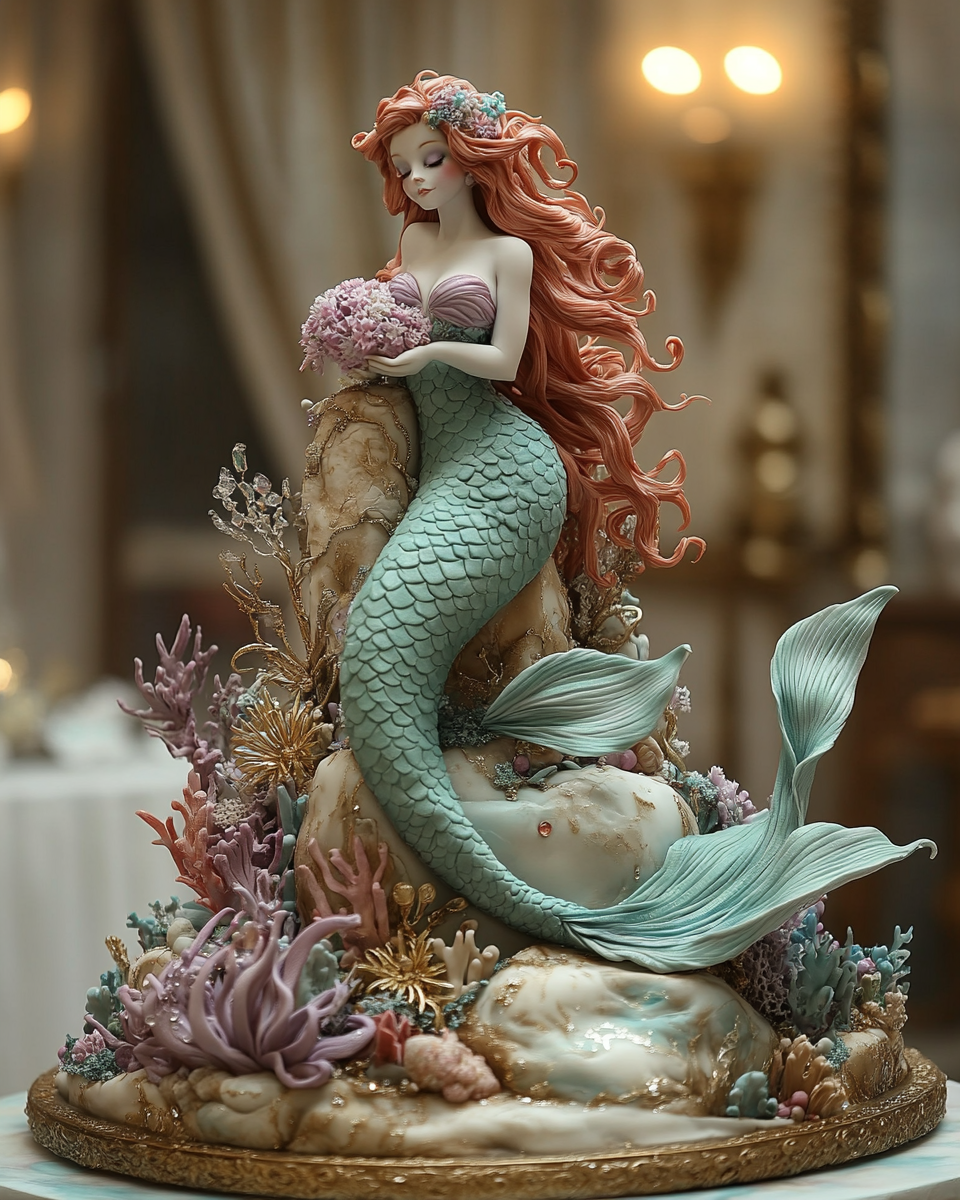 Enormous Fancy Mermaid Wedding Cake Displayed in Ballroom