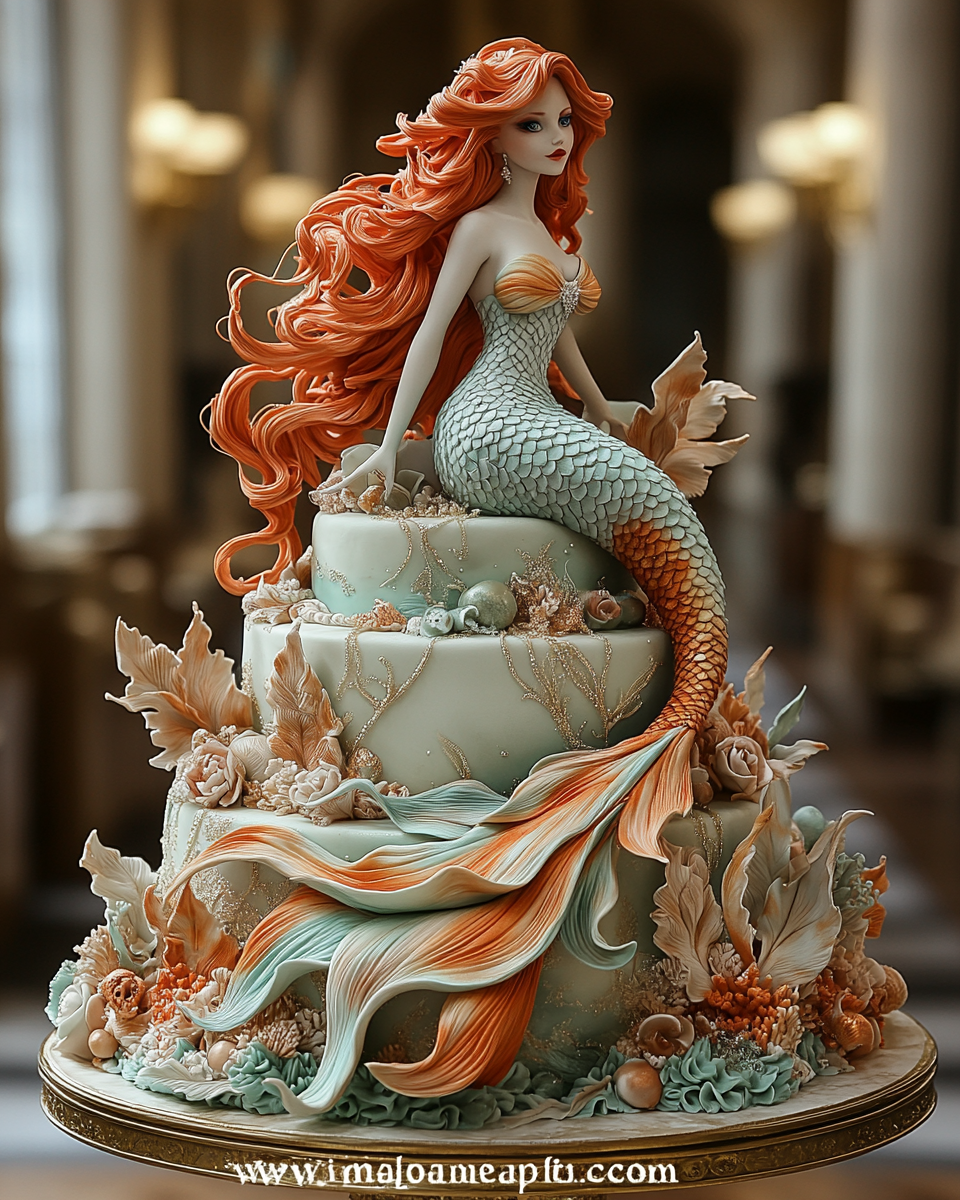 Enormous Rococo Wedding Cake with Mermaid and Coral