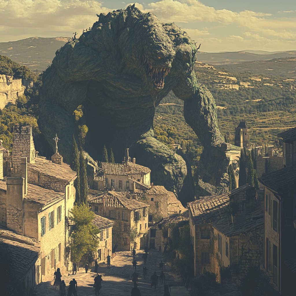 Enormous creature scaling Gordes in stylized Unity 3D graphics.