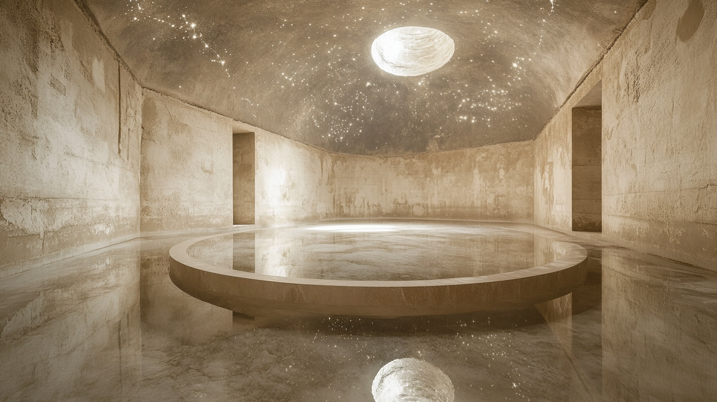 Enormous limestone room with sand-covered floor, star carvings.