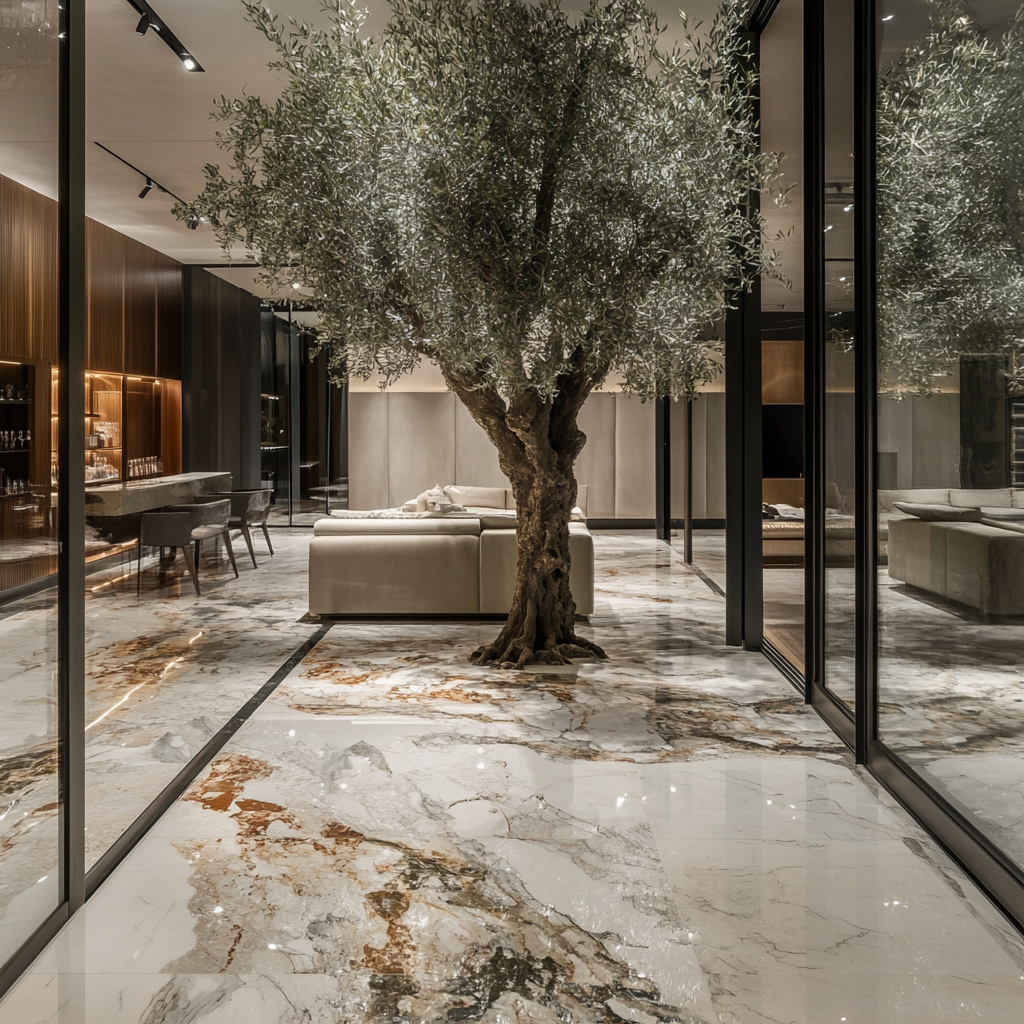 Entering furniture showroom through glass doors, big olive tree.