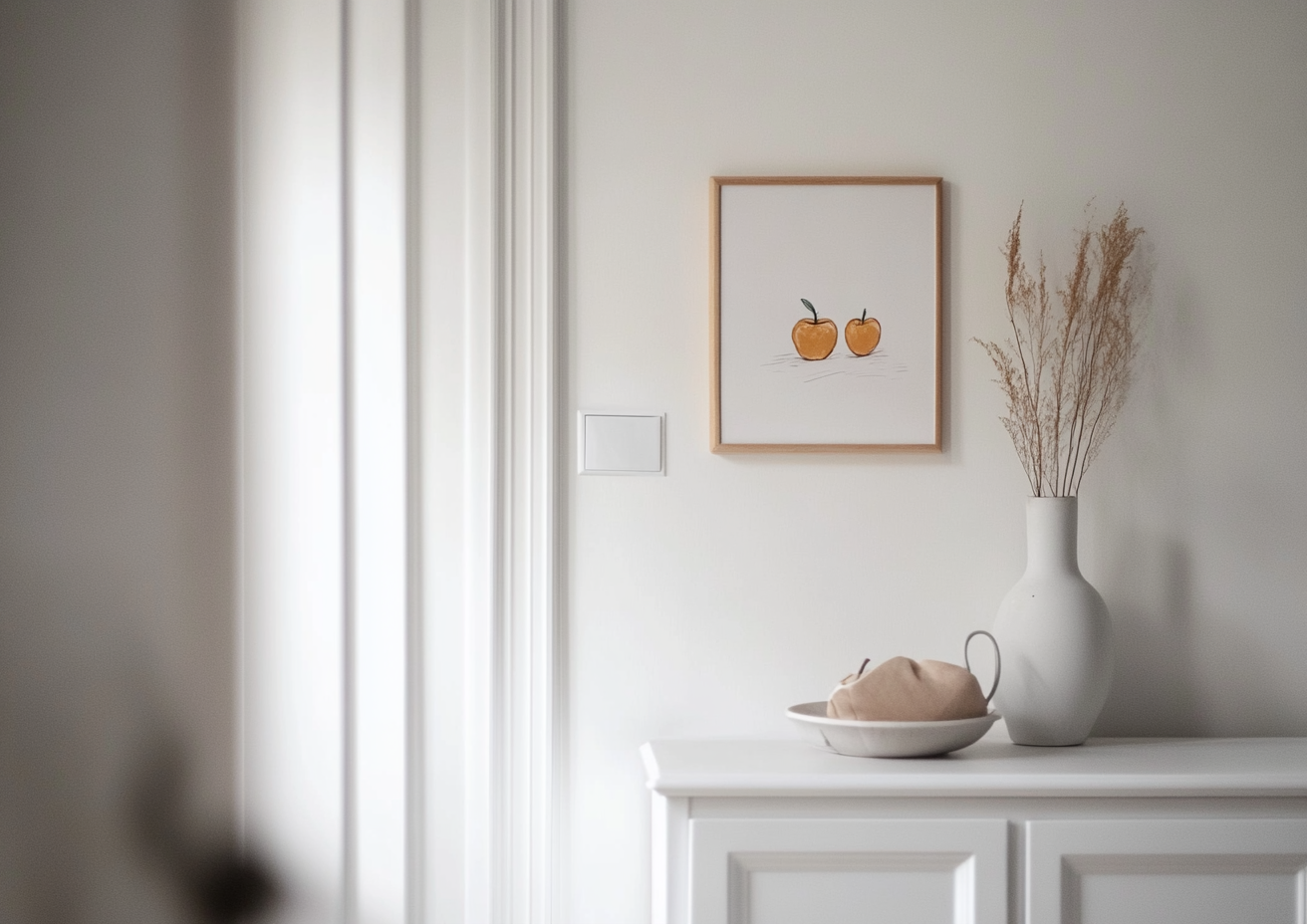 Entrance hall with child's painting on white dresser.