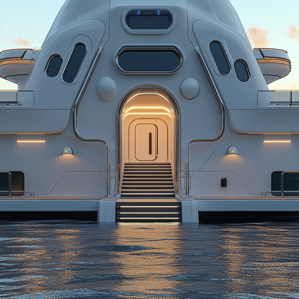 Entrance of a futuristic ship on water