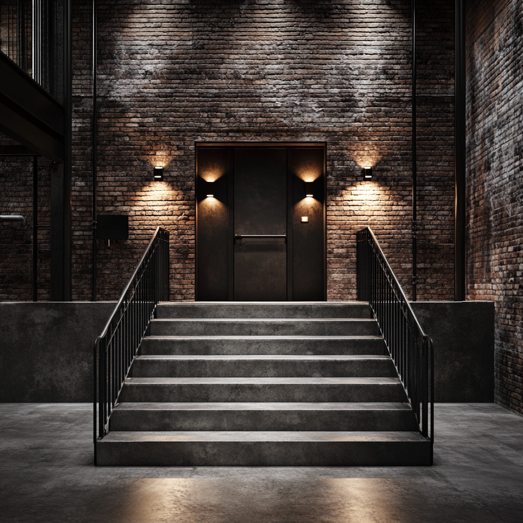 Entrance to hotel, concrete steps, metal door view