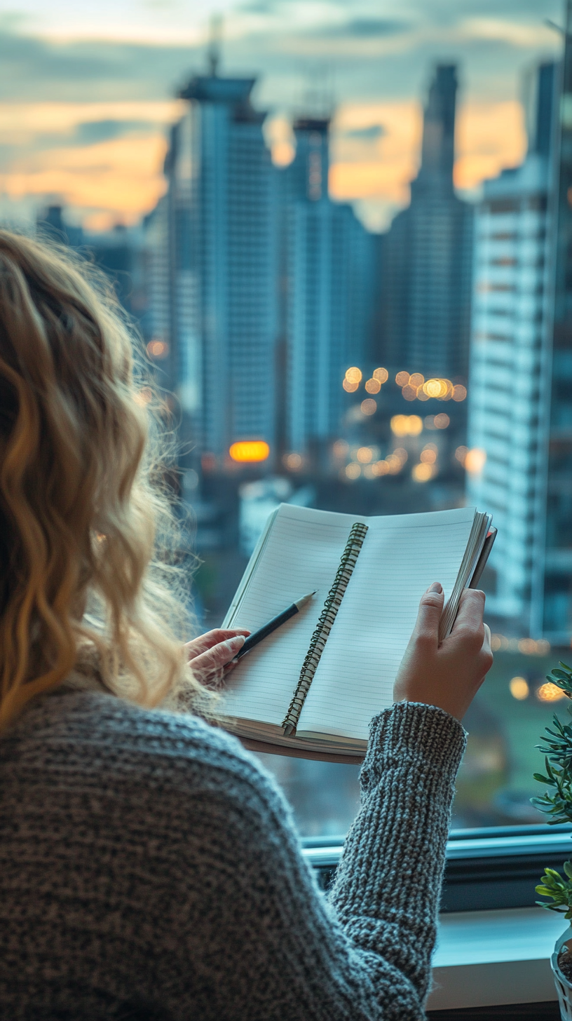 Entrepreneur brainstorming ideas at window seat with city view