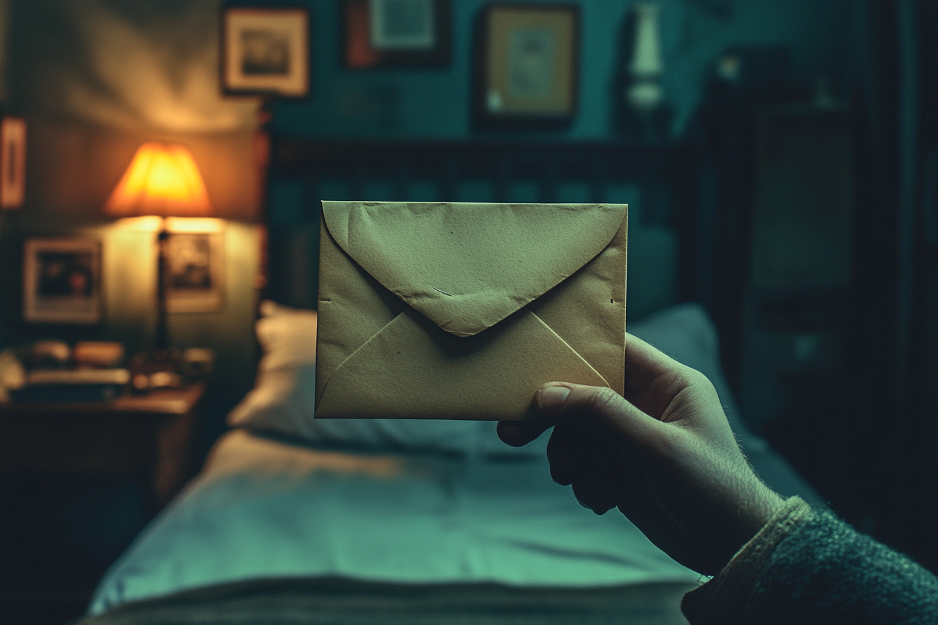 Envelope held by teenage boy in Wes Anderson style.