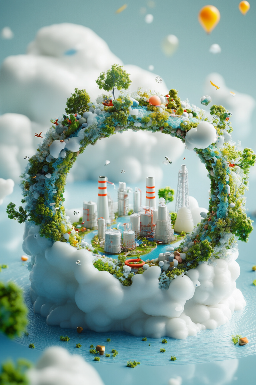 Environmental sustainable ring with objects: future economy, chemical nature.