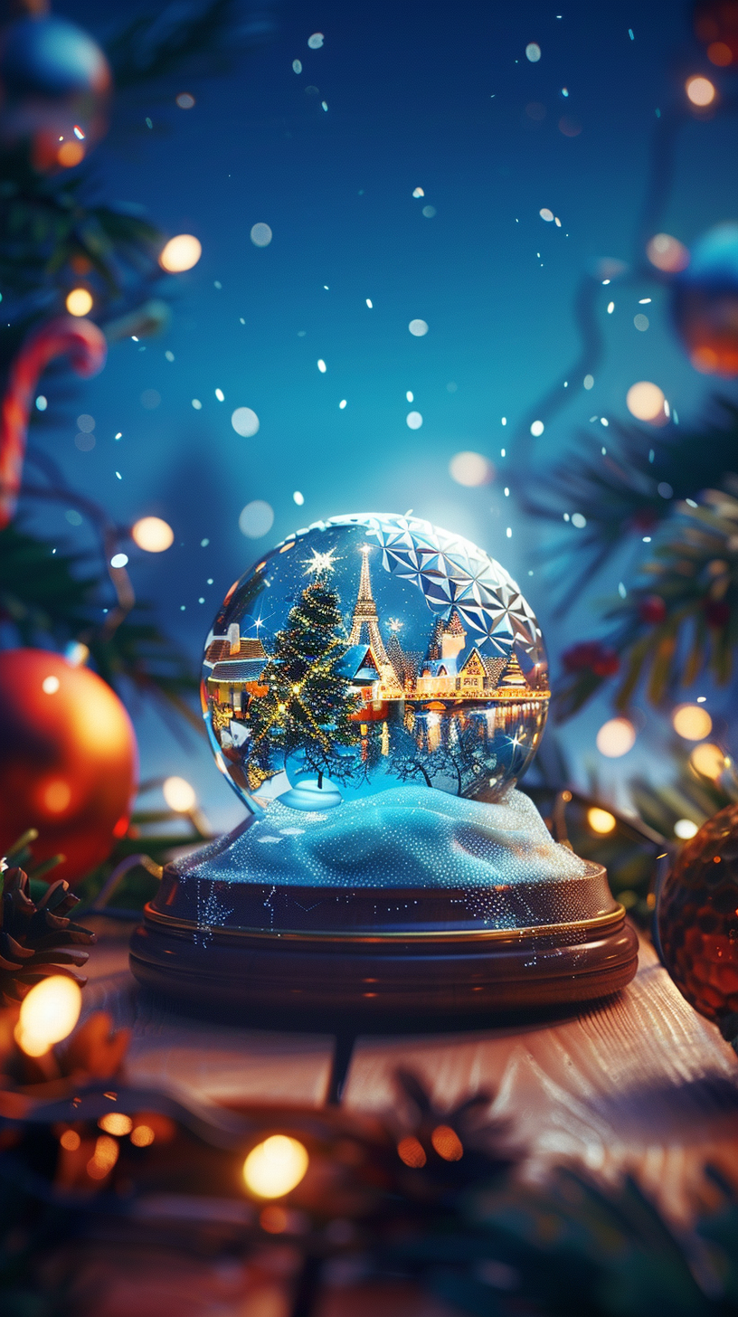 Epcot Snowglobe on Wood Table with Holiday Lights