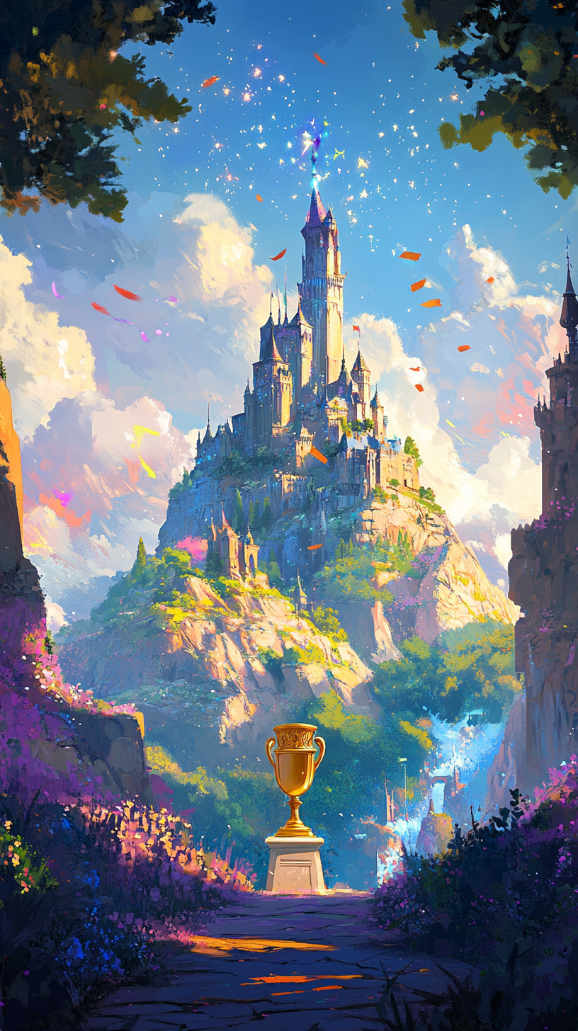 Epic Disney-inspired Triumph Scene: Castle, Banner, Trophy 