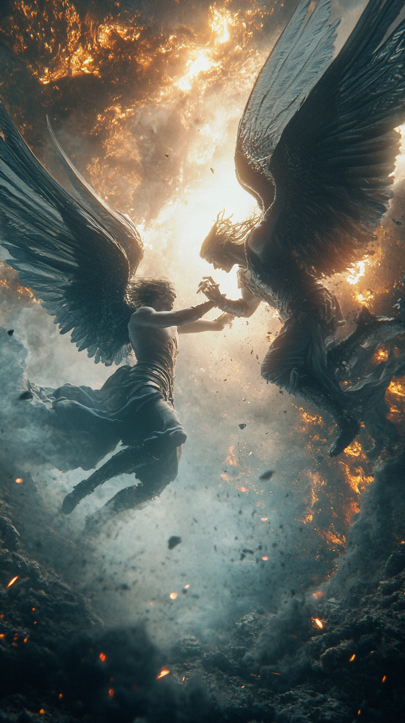 Epic battle: angels vs demons, energetic gestures, lo-fi aesthetics.