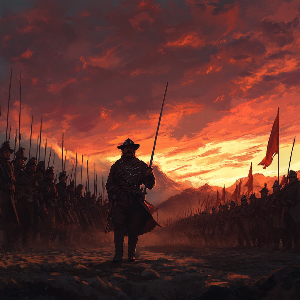 Epic scene with soldiers in formation, glowing sky, heroism.