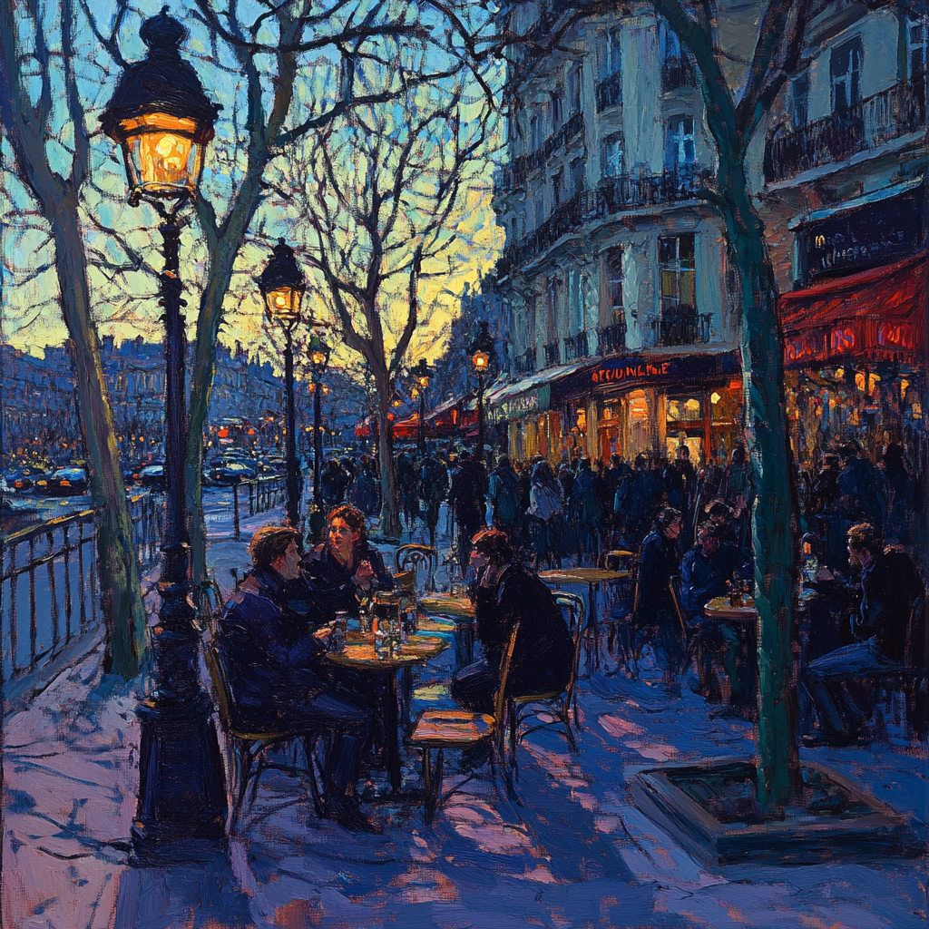 Erin Hanson painting, Paris scene, electric blue, terracotta.