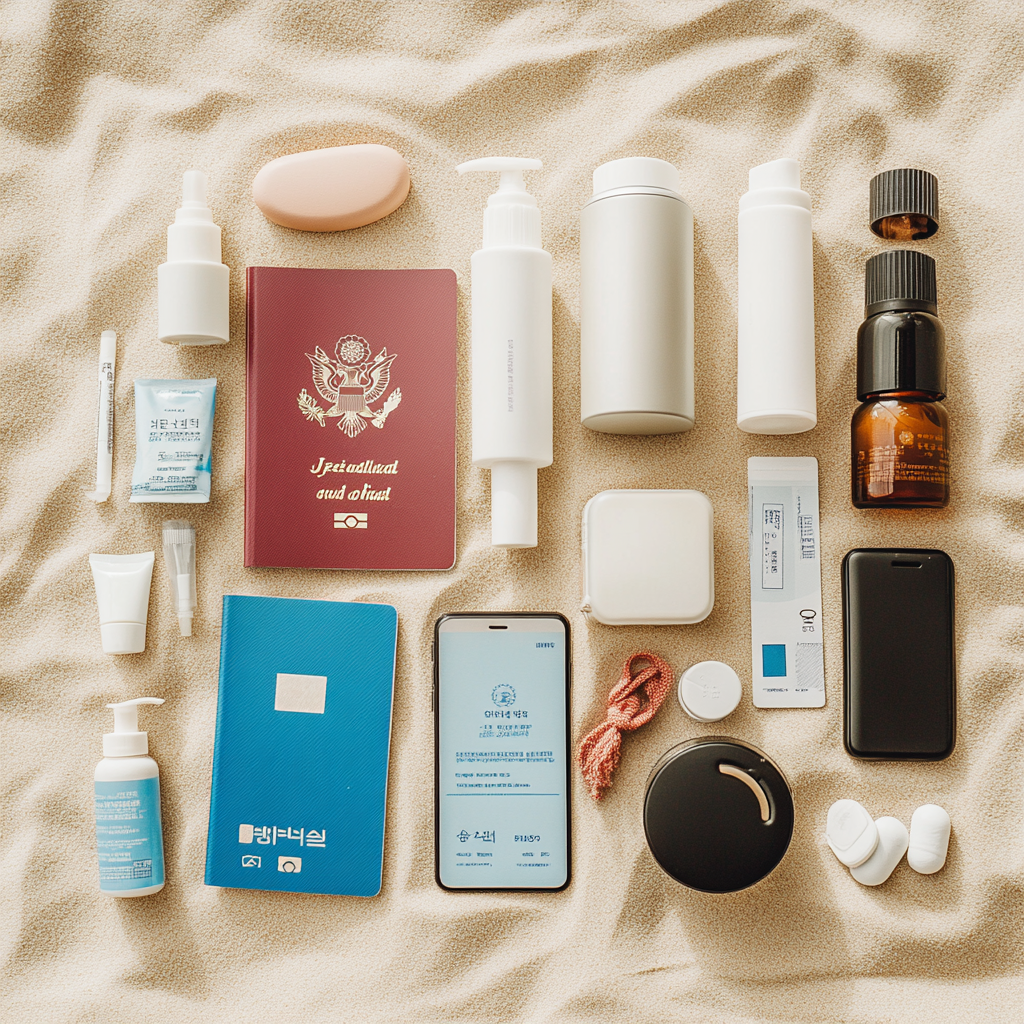 Essentials for Jeju trip: Passports, sunscreen, charger, etc.