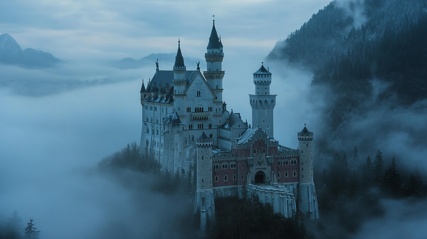 Ethereal German Castle in sea of clouds, Neuschwanstein Castle.