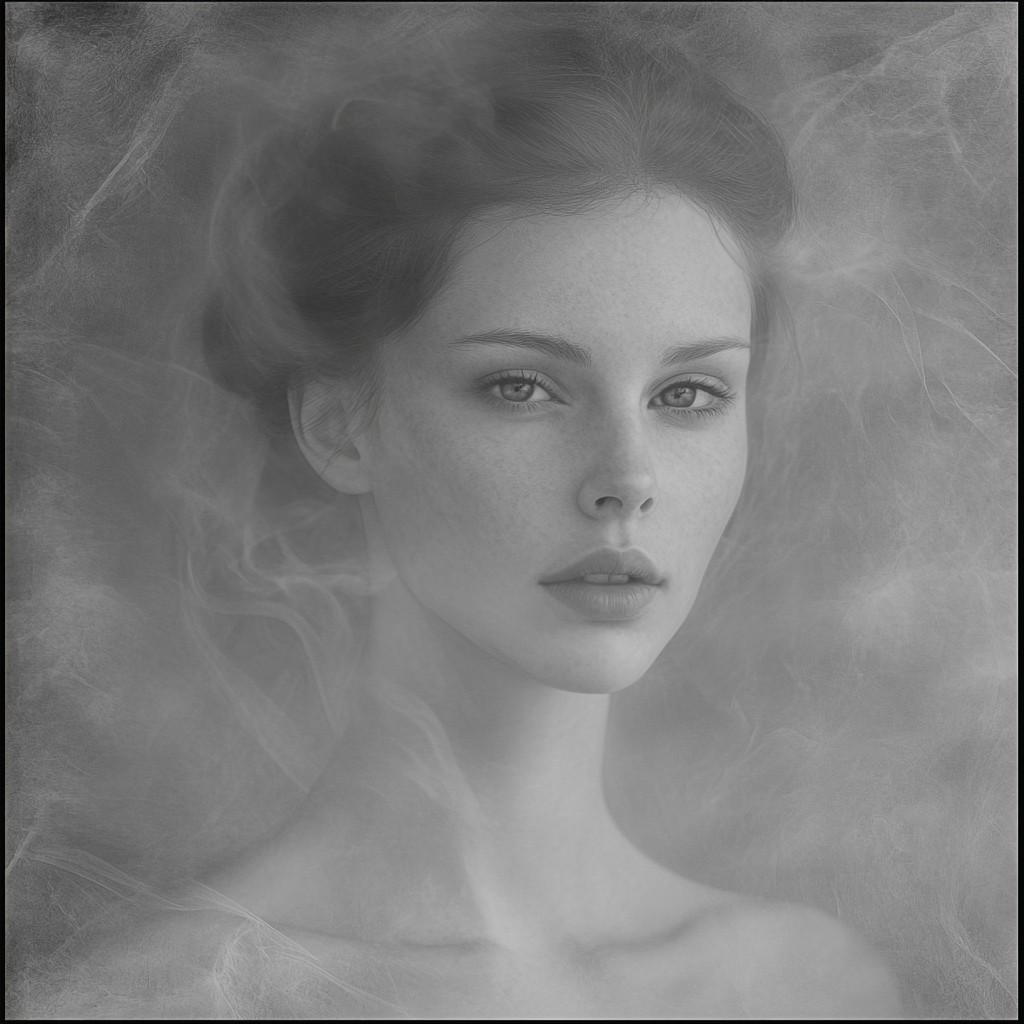 Ethereal Scottish female ghost in grayscale portrait reflection.