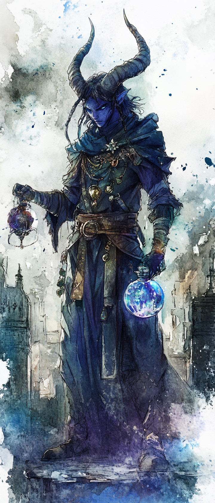 Ethereal Tiefling alchemist in Dark Fantasy watercolor art.