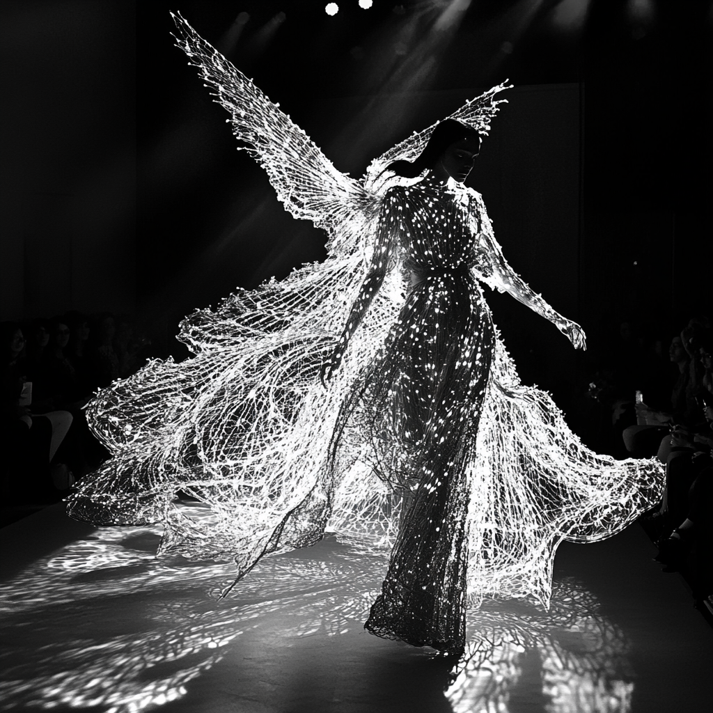 Ethereal fashion show features angelic model in motion.