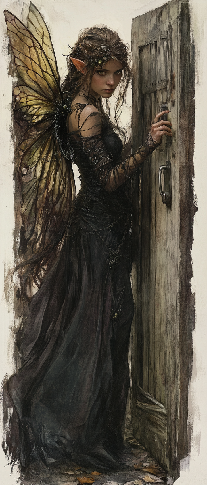 Ethereal female rogue picks door lock, insect wings, eerie.