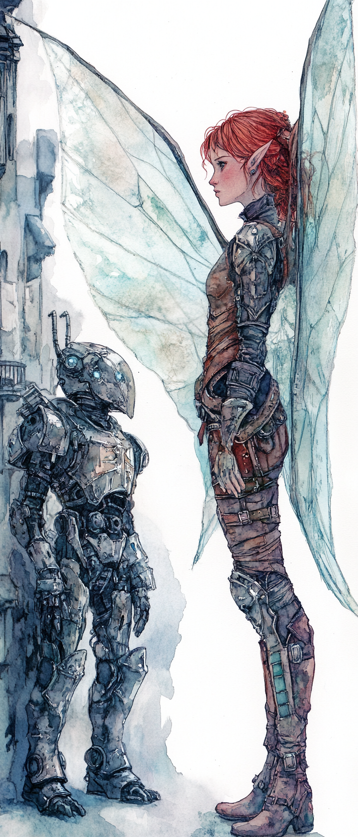 Ethereal fey standing with metal golem in city.