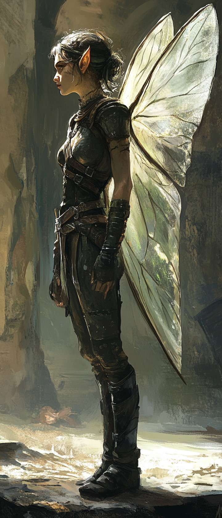 Ethereal fey tinker in leather armor, bug wings folded.