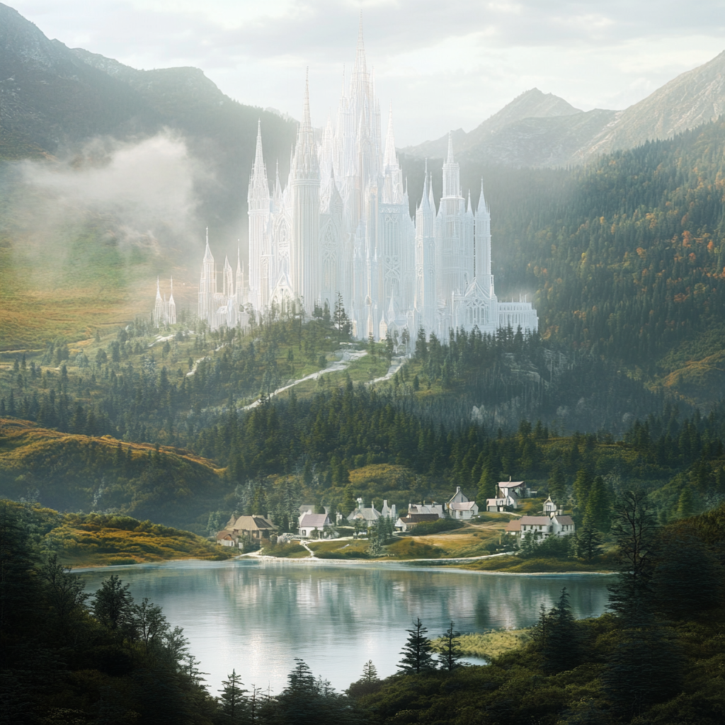 Ethereal fiber optic castle on hill in misty forest.