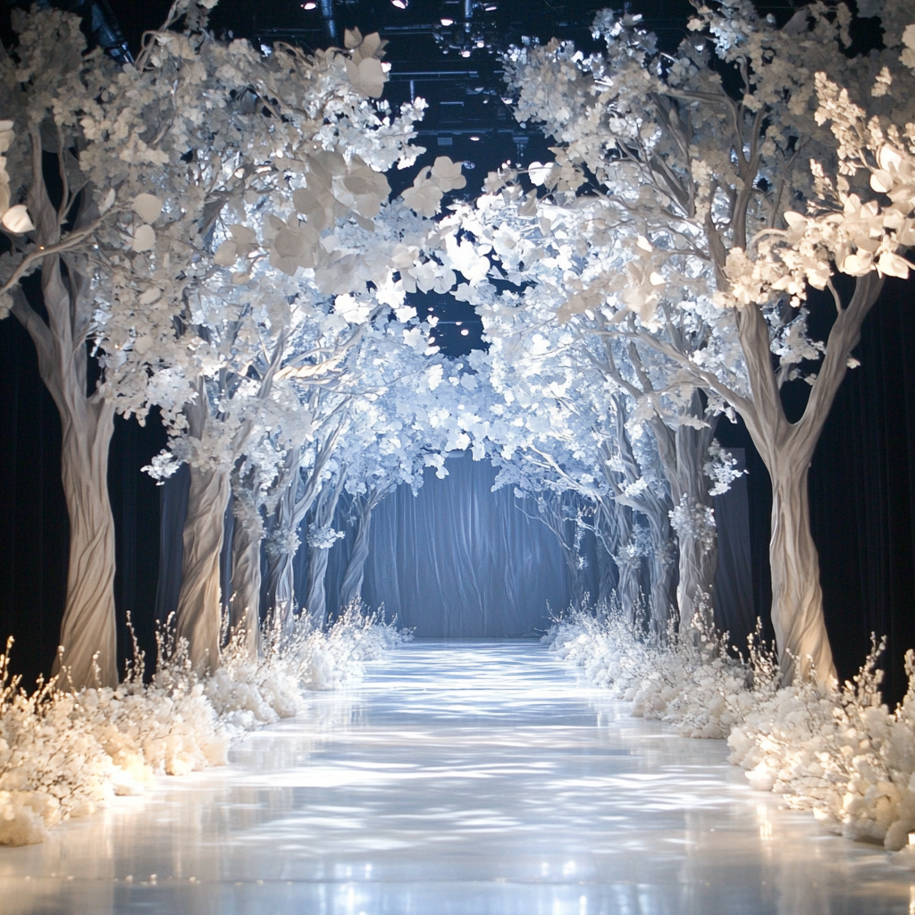 Ethereal forest runway with white trees, flowers, and lights.