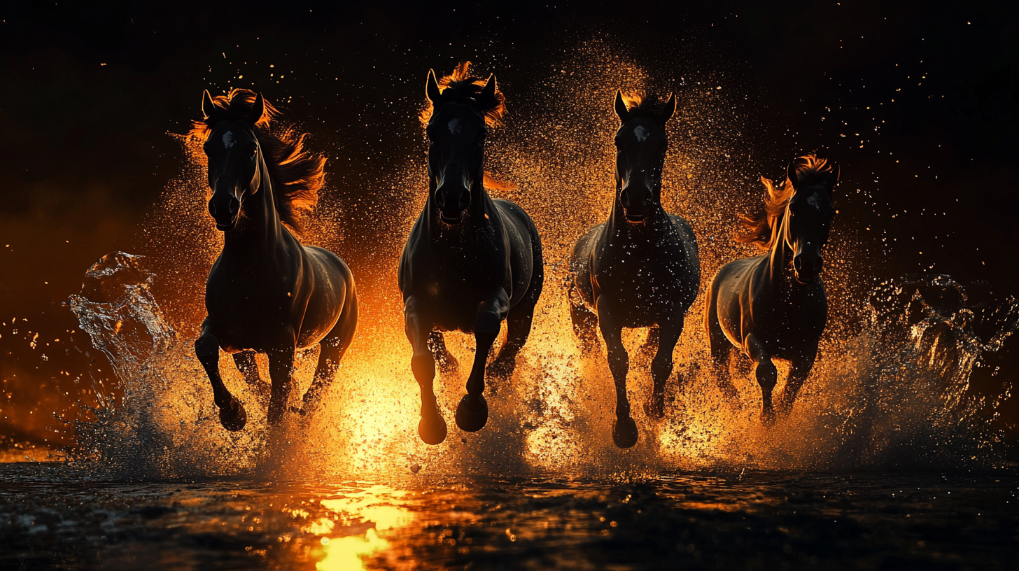 Ethereal horses running on fiery surface, dreamy and intense.