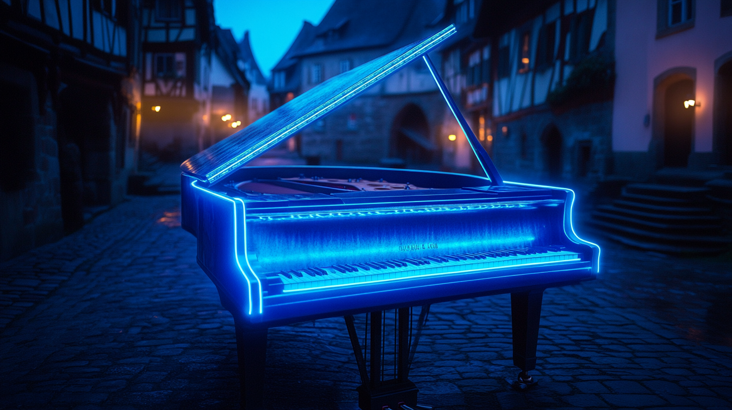 Ethereal image of electric neon grand piano.