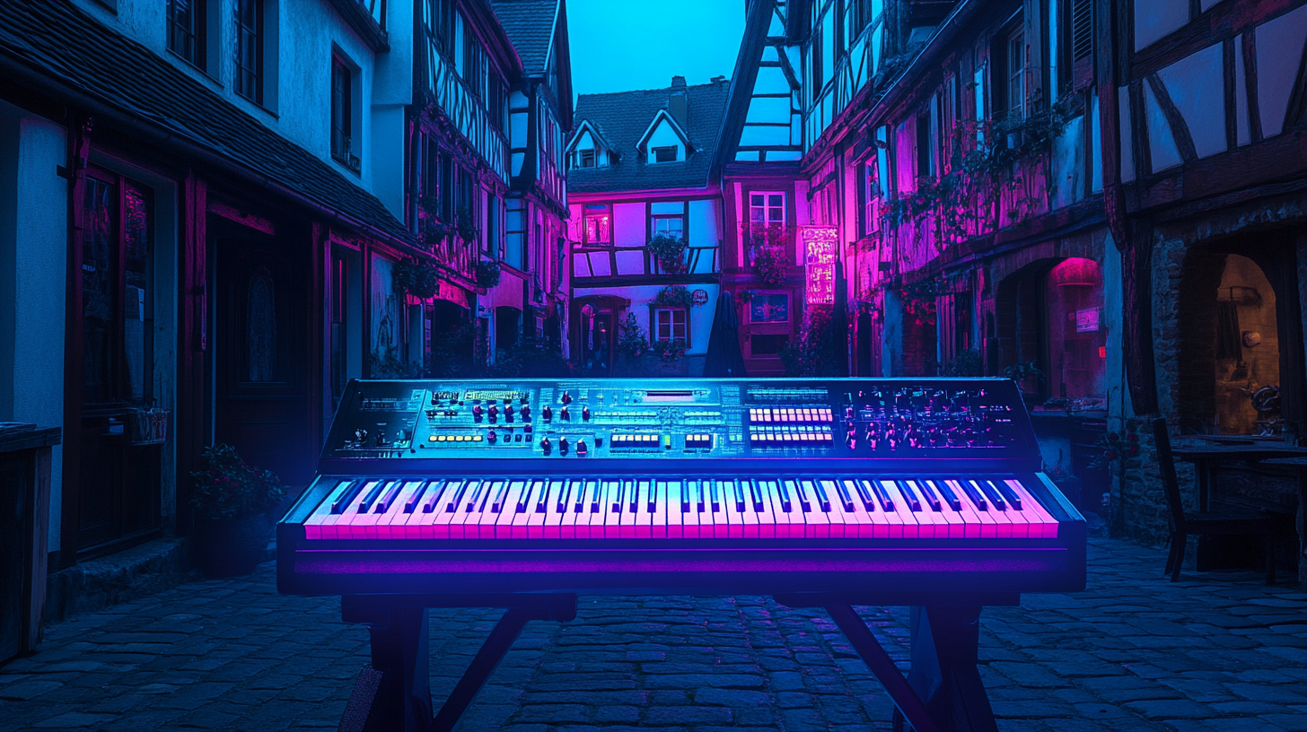 Ethereal image of neon piano in German village square.