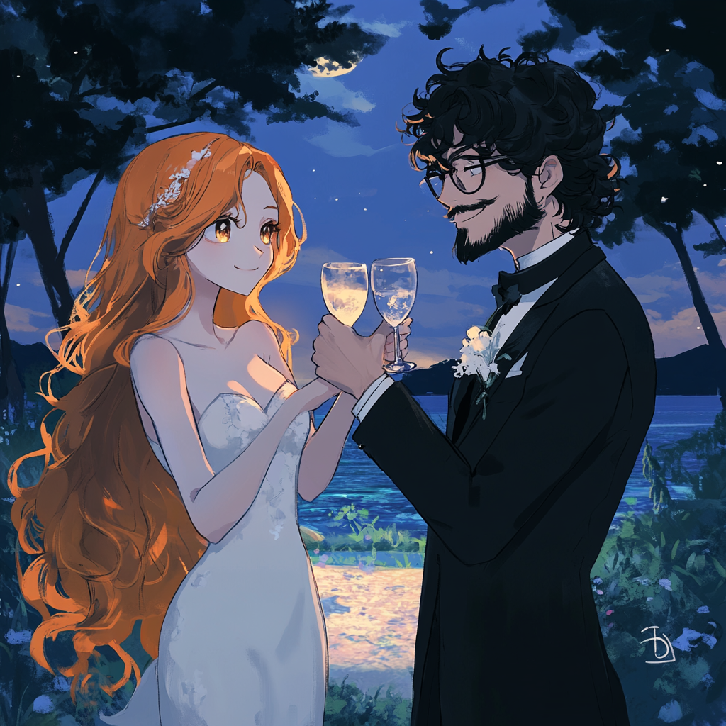 Ethereal outdoor wedding party with anime-inspired characters.