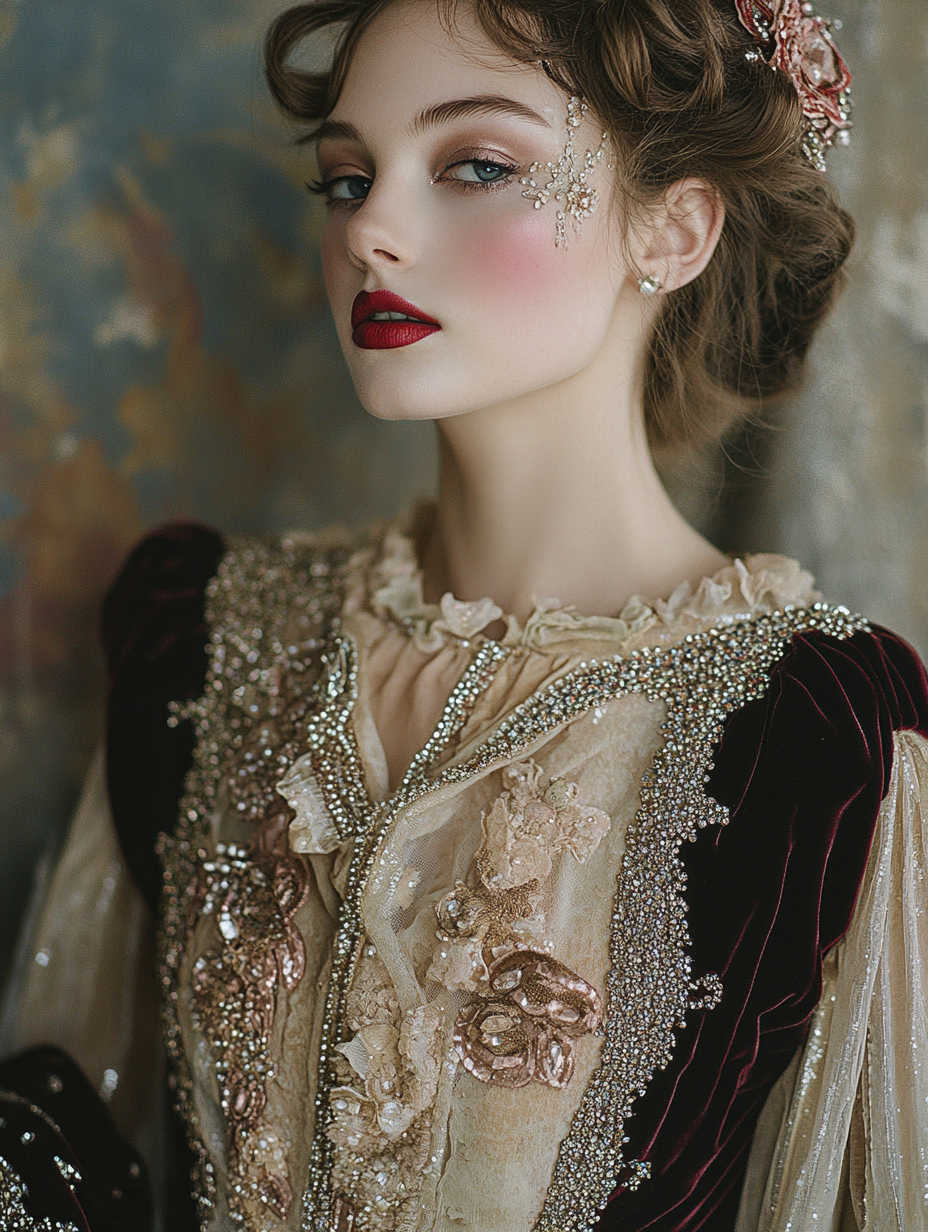 Ethereal young woman in vintage couture clown costume.