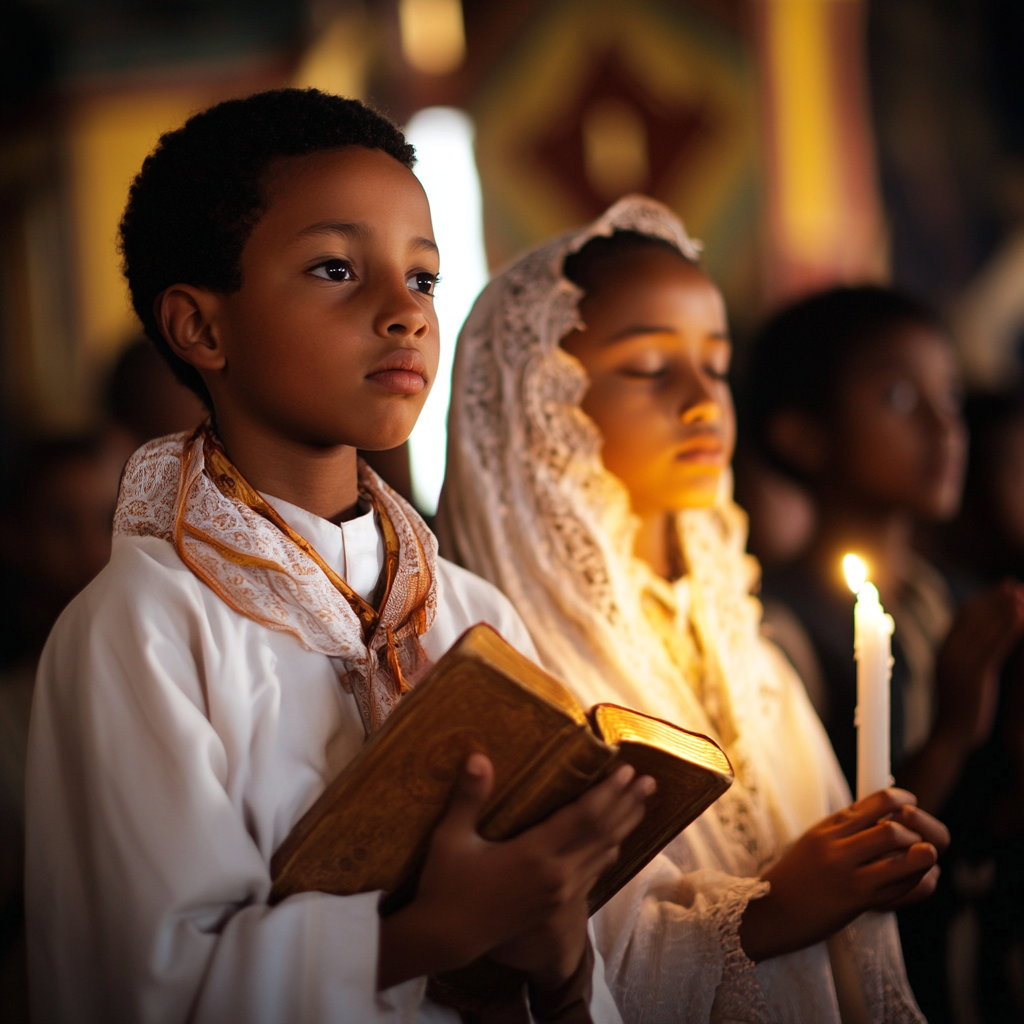 Ethiopian Christian Sunday School Students Praying in Church