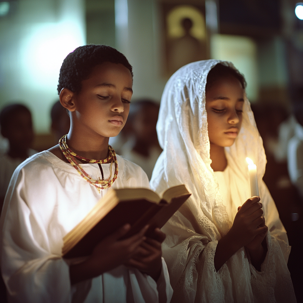 Ethiopian Orthodox Sunday School Students Praying Christian Church