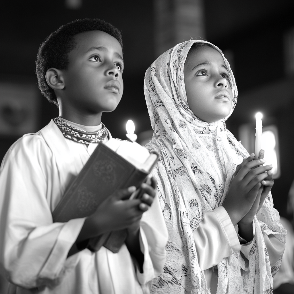 Ethiopian Orthodox Sunday School Students Praying Together Church