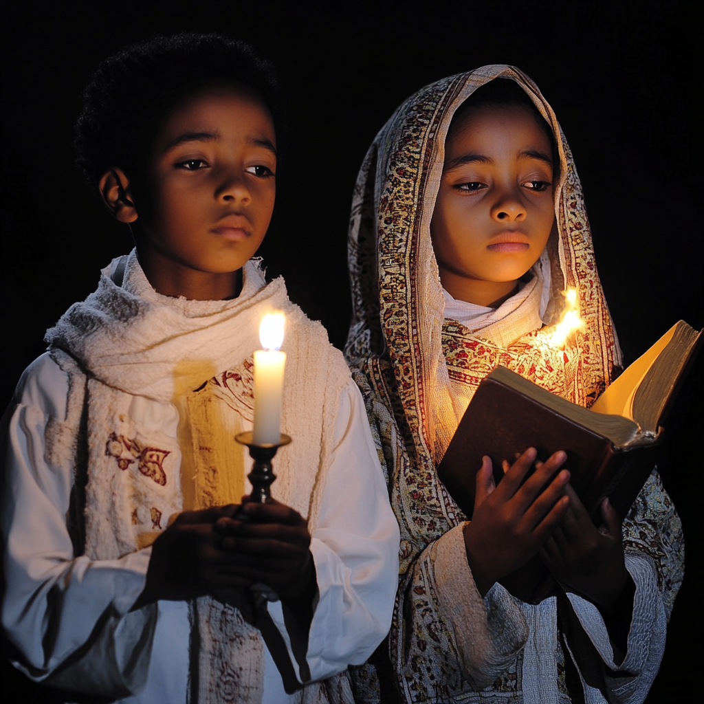 Ethiopian Sunday School Students Praying with Bible and Candle