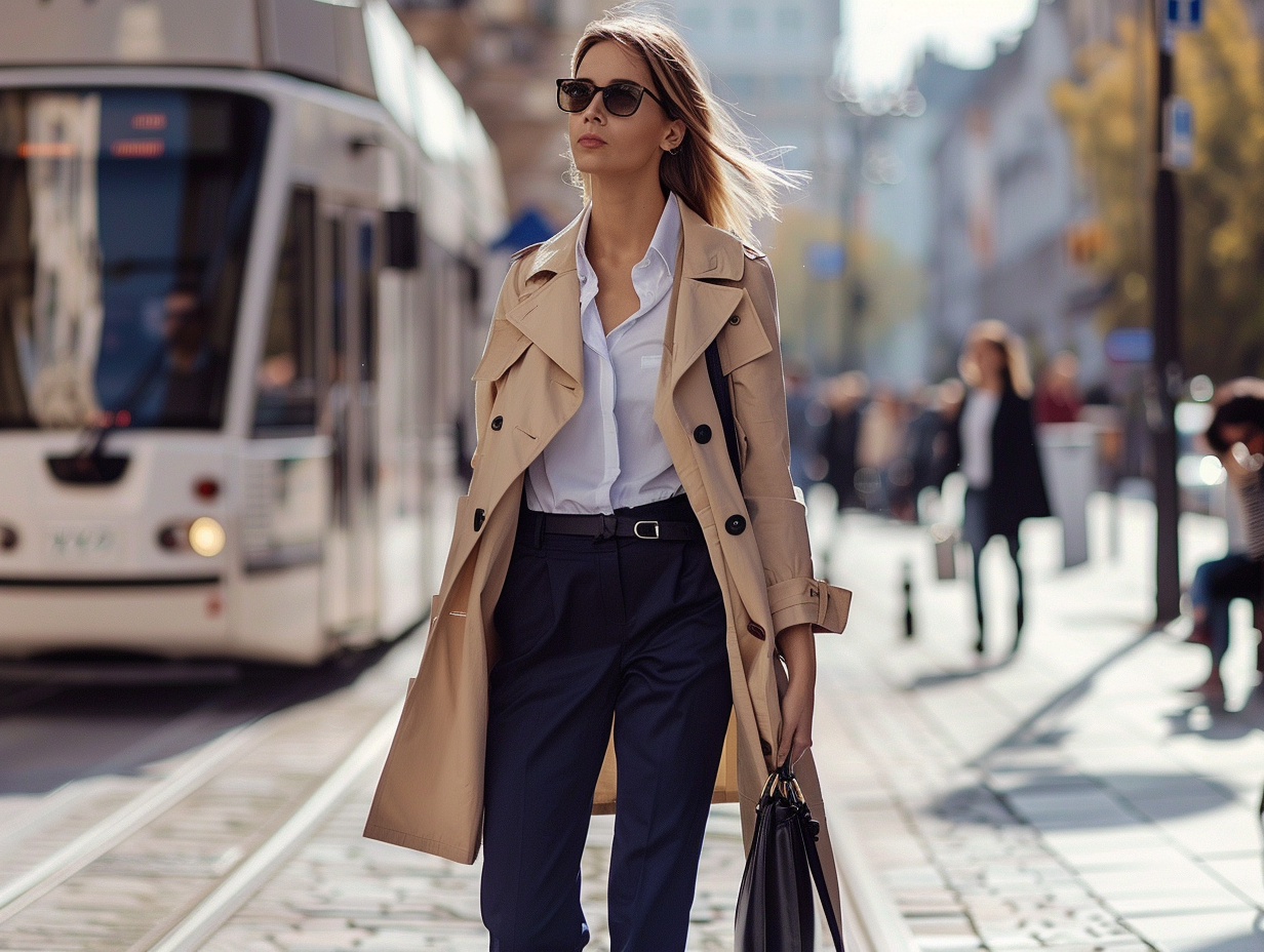 European City Businesswoman Layering Trench Coat Over Outfit 