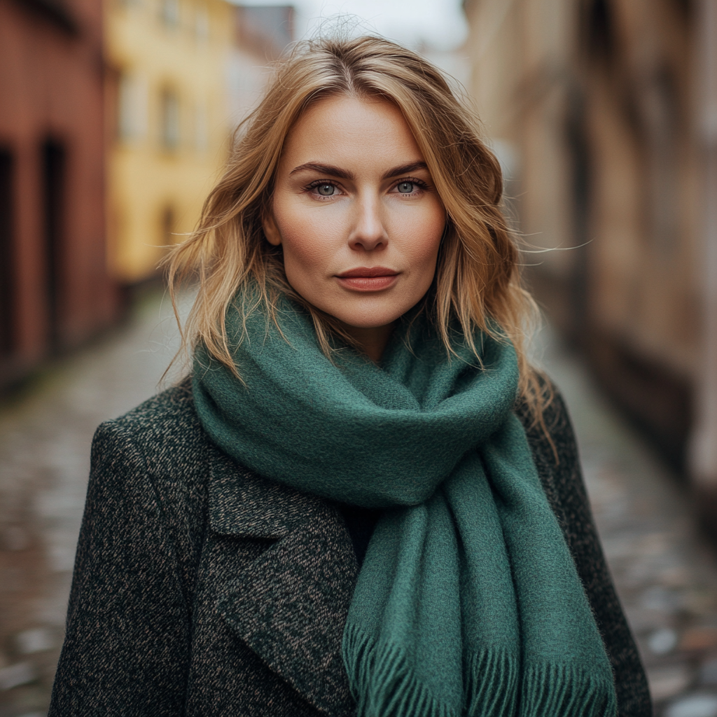 European Female Model in Seaweed Color Cashmere Scarf