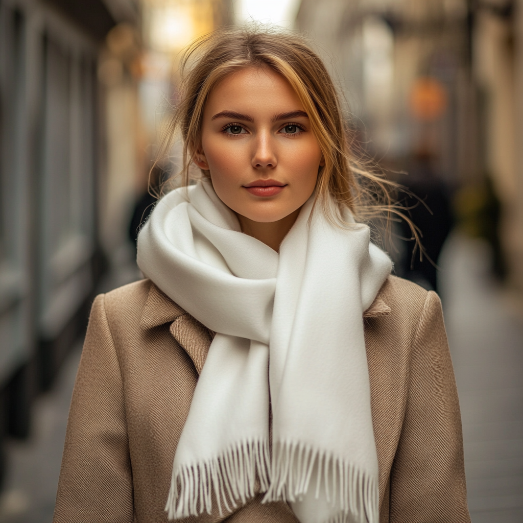 European Female Model in White Cashmere Scarf 