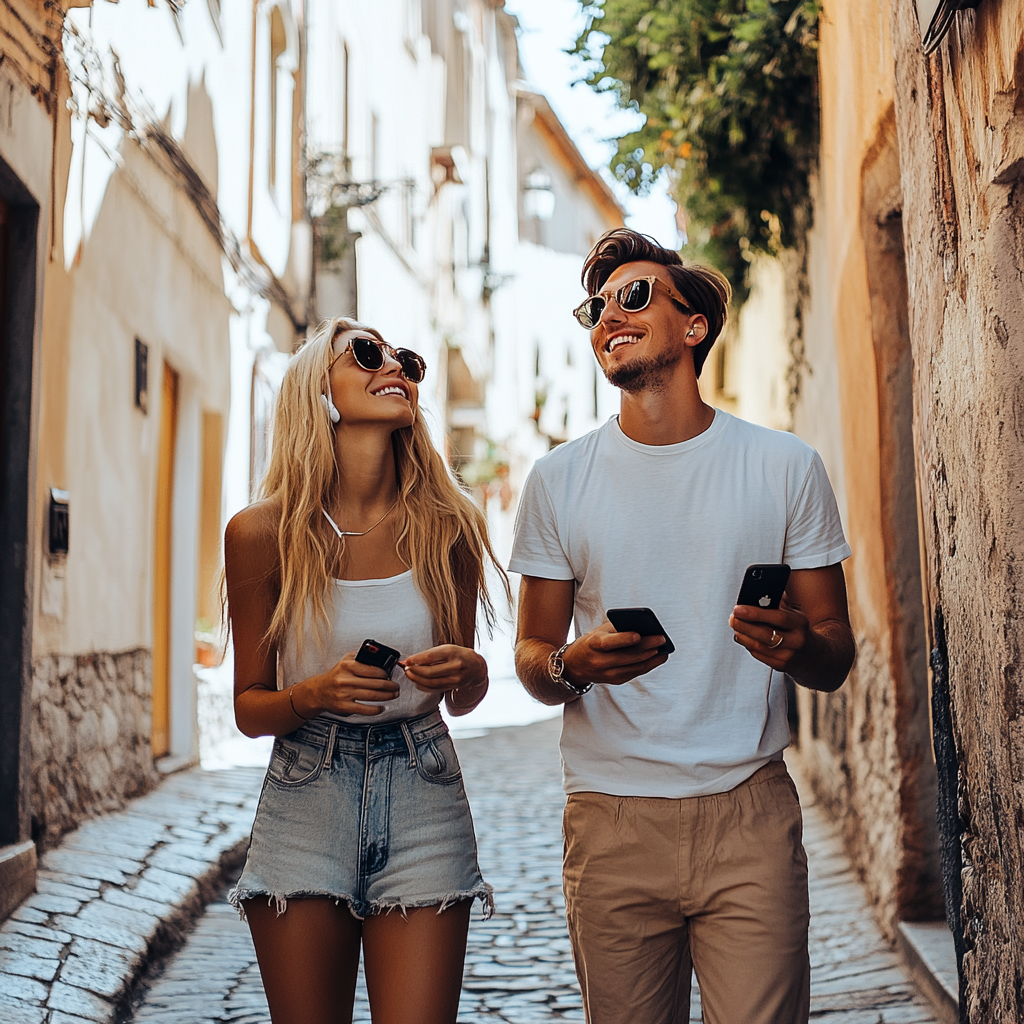 European Tourists Strolling Cobblestone Street 