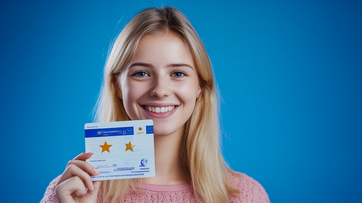 European driver's license held by smiling Dutch woman.