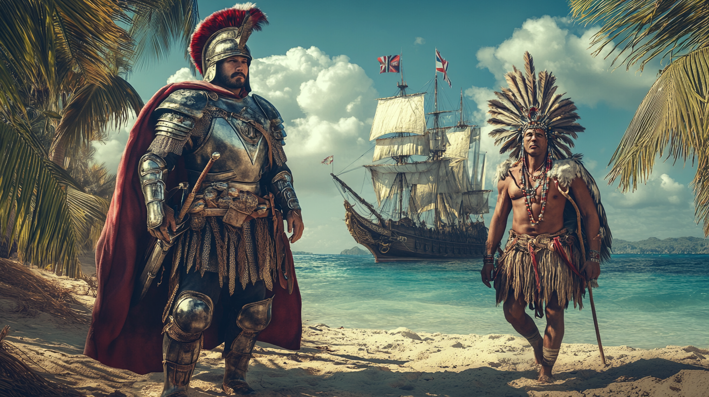 European explorer in armor with native warrior on beach.