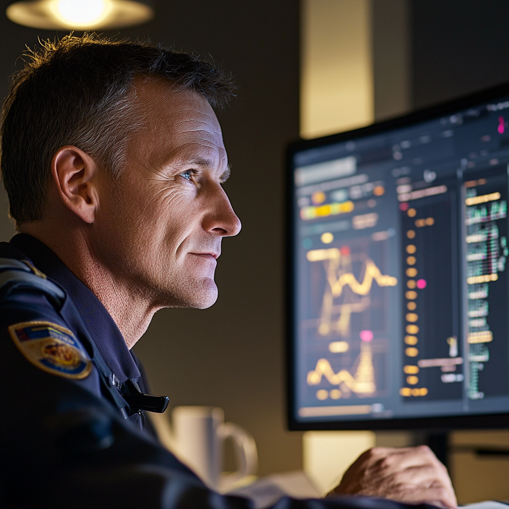 European man in pilot uniform enjoys virtual meeting.