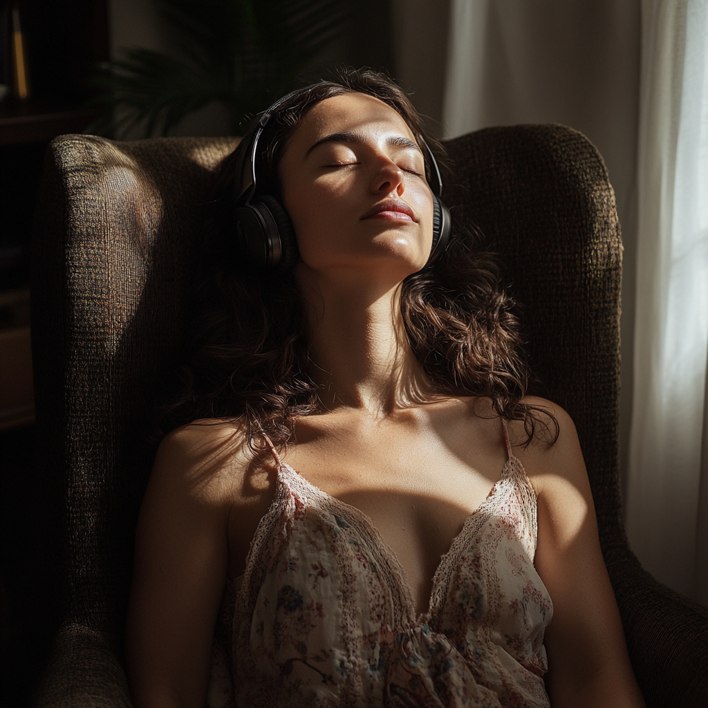 European woman listens to classical music with closed eyes.