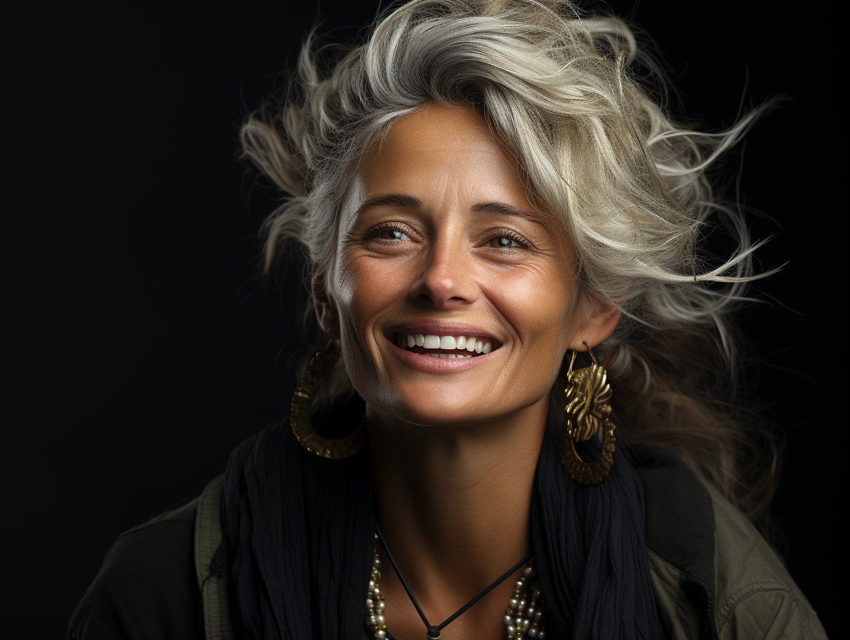 European woman smiling in detailed black & grey.