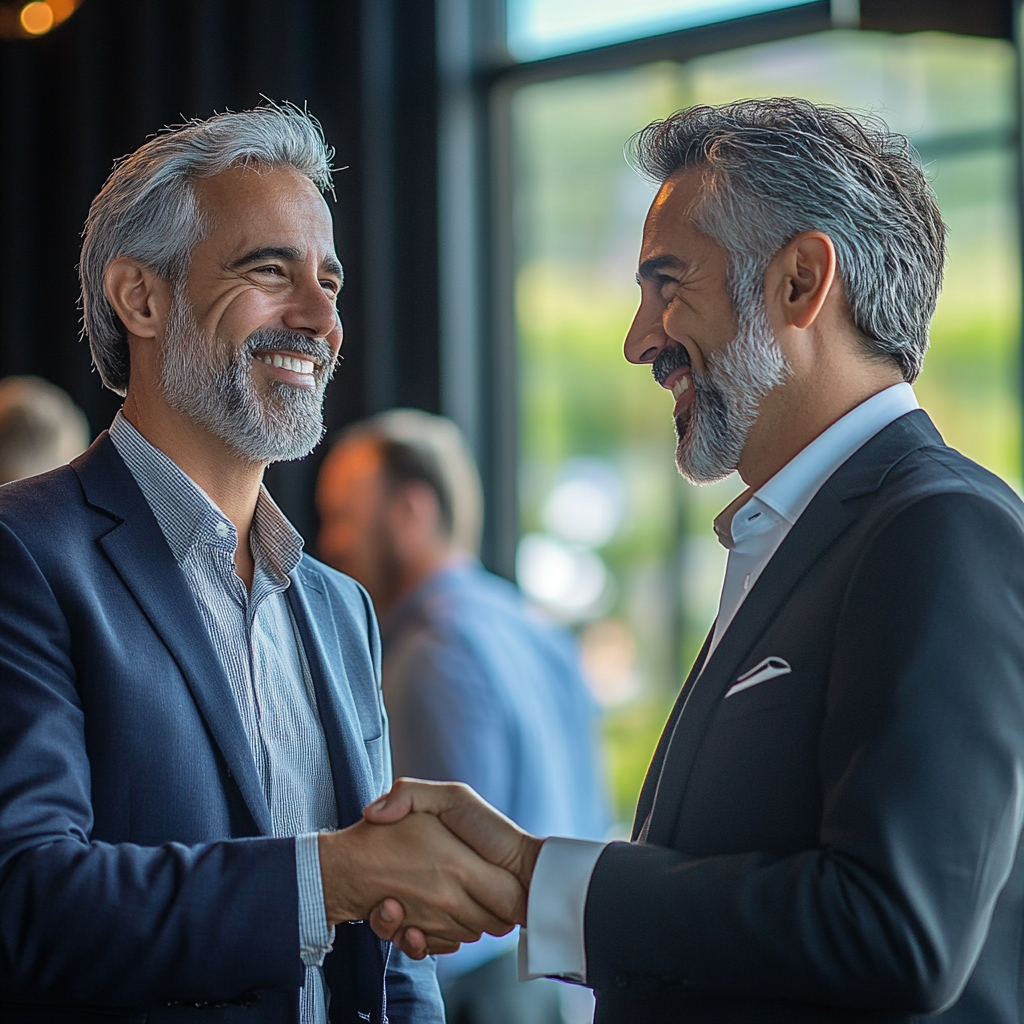 Event venue with men shaking hands, smiling, luxury.