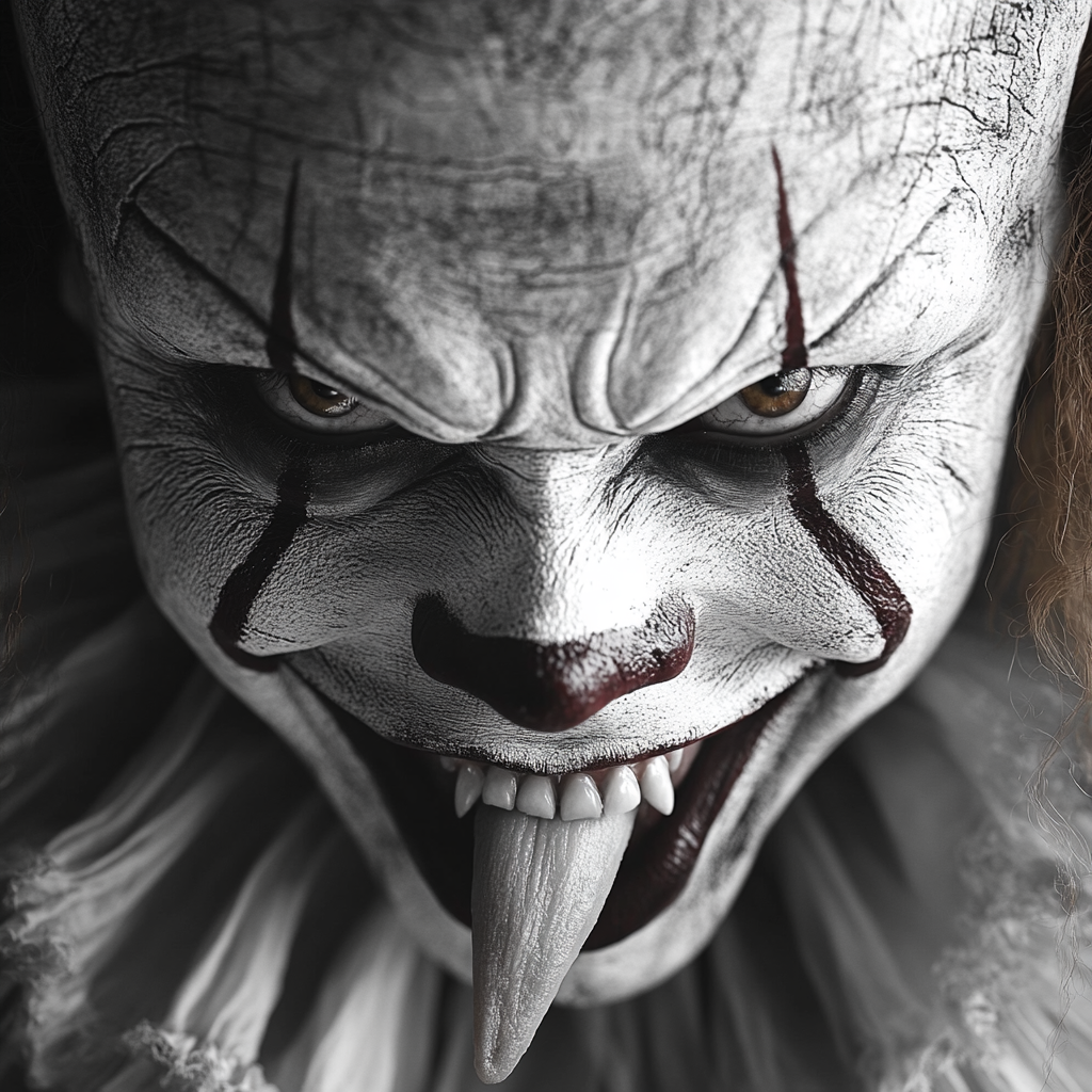 Evil Pennywise Clown with Sharp Teeth in Black and White