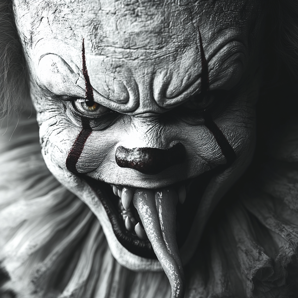 Evil Pennywise clown with long sharp teeth