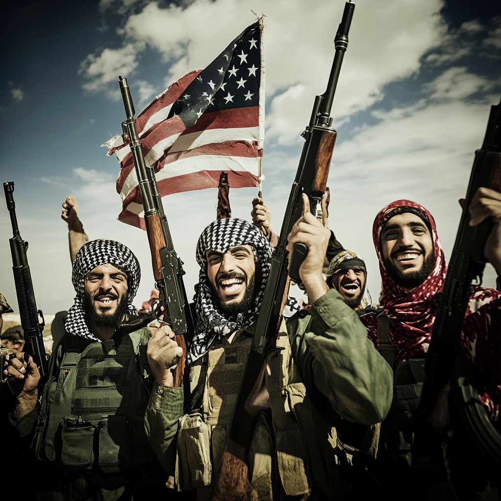 Evil Uncle Sam watches over rebel Libyan soldiers