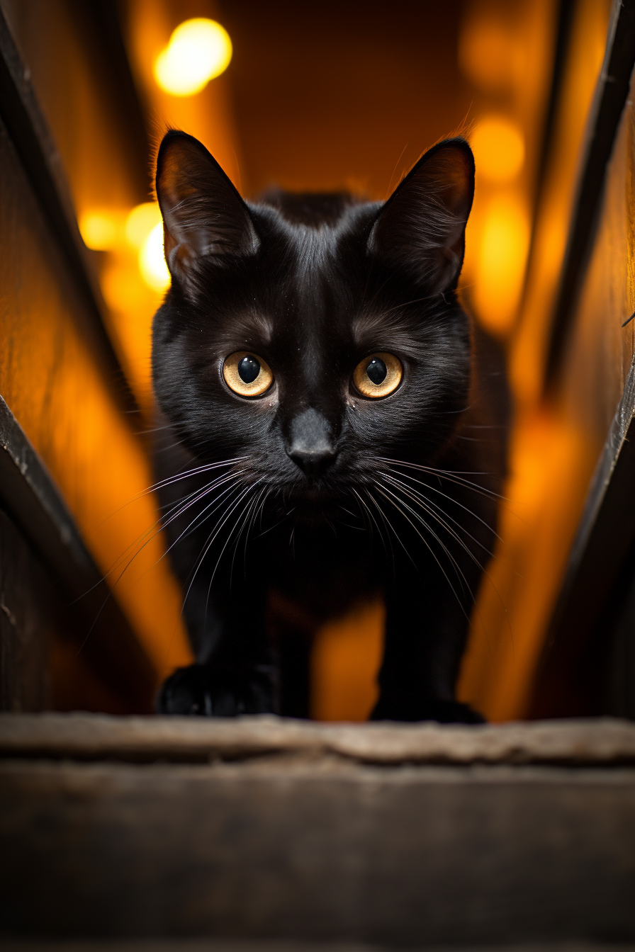 Evil black cat crawling down stairs, dramatic lighting.